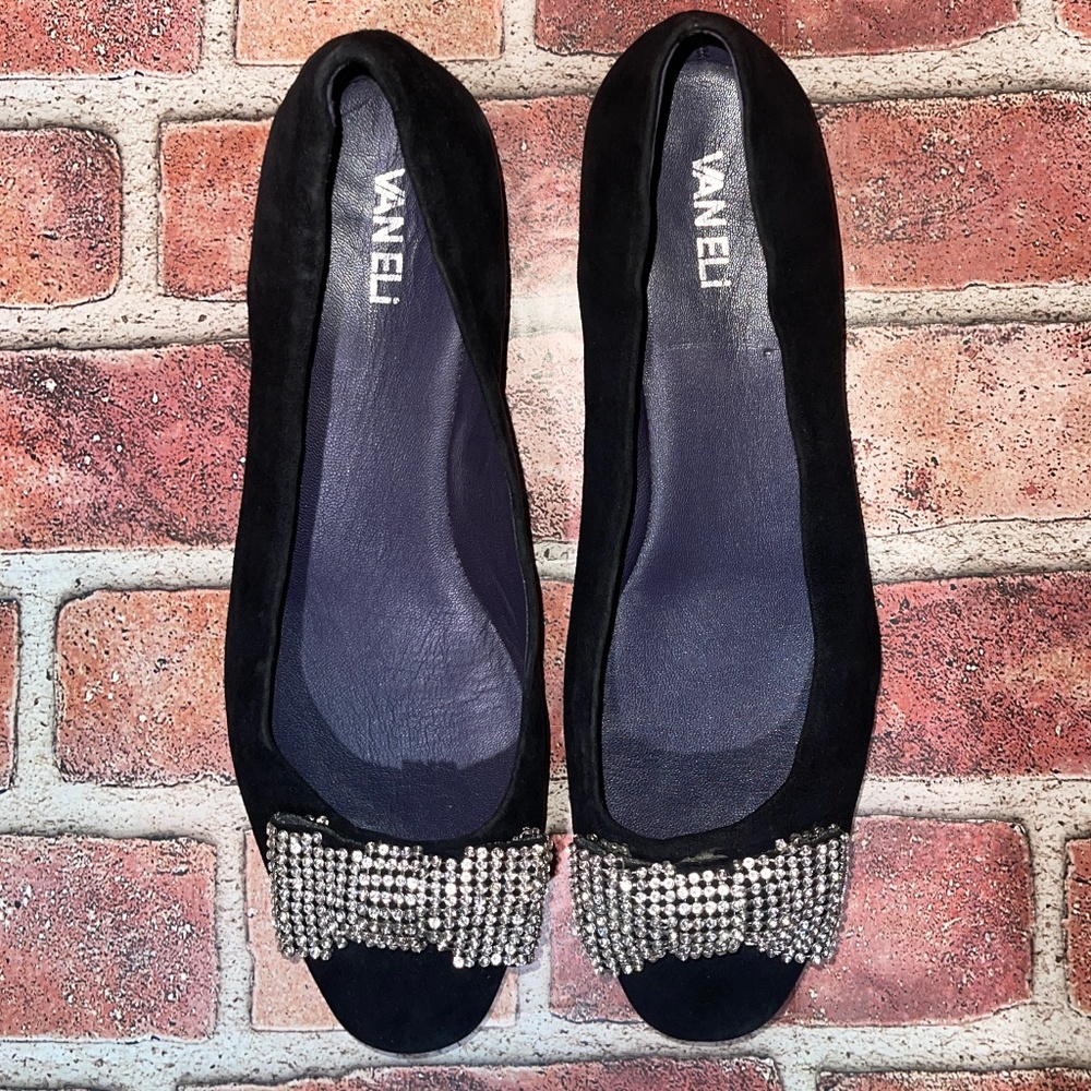 Pre-Owned Vaneli Black Kamlyn Flat Rhinestone Bow Women's Size 9M Chic Casual